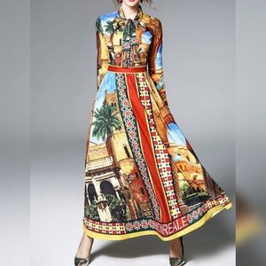 Tie-neck Multicolor Maxi Dresses A-line